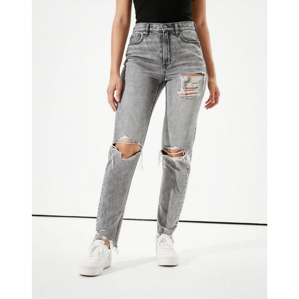 American Eagle Gray Distressed Ripped High Rise Mom Jeans